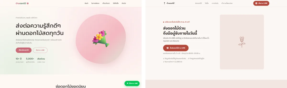 ร้านดอกไม้สองเว็บ ซ้ายสั่งสั้นๆ มีช่อดอกไม้อิโมจิในวงกลมชมพูและปุ่ม LINE ลอย ขวาสั่งแบบบอกรายละเอียด เรียบกว่า มีเวลานับถอยหลังส่งวันนี้ และยังมีตัวเลขตัวอย่างส่งมาแล้วกว่า 12,000 ช่อ
