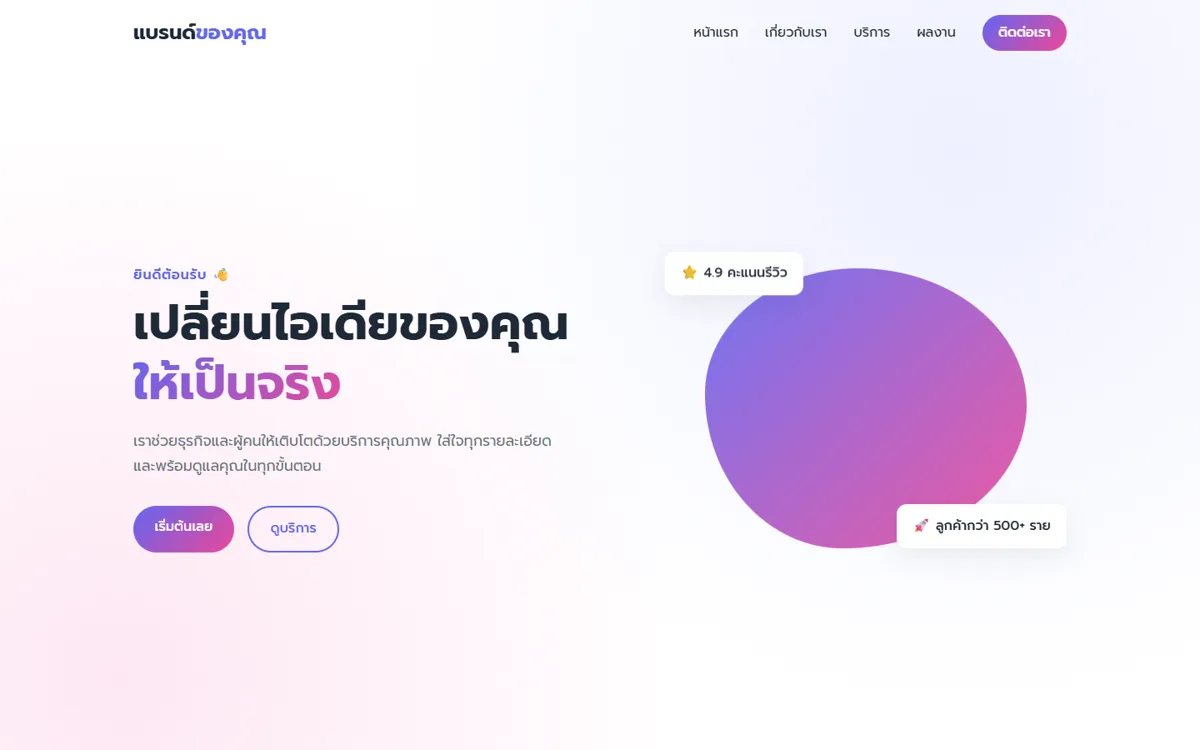 เว็บที่ Claude Code ทำเมื่อสั่งแค่ "ทำเว็บไซต์ให้หน่อย" สีคราม ม่วง ชมพู พร้อมป้ายรีวิว 4.9 และลูกค้ากว่า 500 รายที่เป็นตัวเลขตัวอย่าง