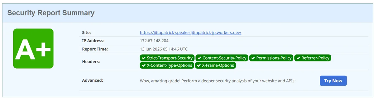 ผลตรวจ securityheaders.com ได้เกรด A+ หัวข้อความปลอดภัยขึ้นสีเขียวทั้ง 6 รายการ